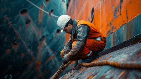 Worker cleans the hull of an old ship from rust. Vessel renovationの素材