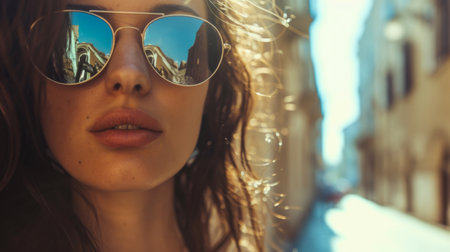 Stylish happy young woman wearing sunglasses, close up urban portraitの素材
