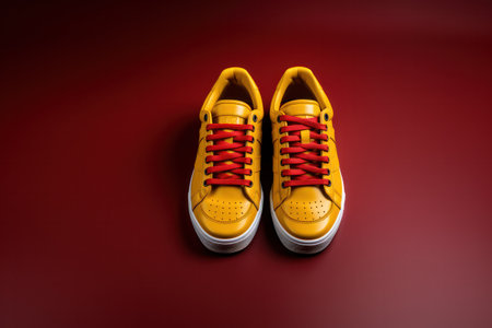 Noname yellow Sports sneakers on studio background with developing laces. Side view, close-upの素材
