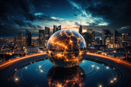 Circuit board reflecting in shiny globeの素材