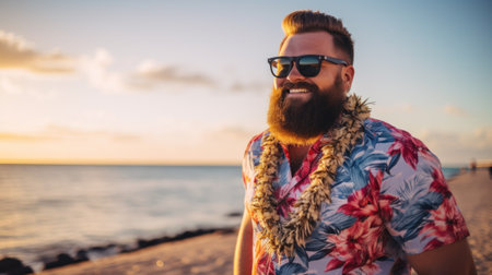 Fat man wearing Hawaii shirt outdoorsの素材