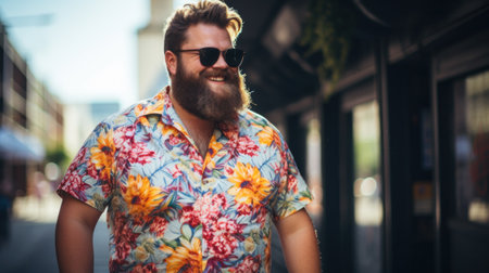Fat man wearing Hawaii shirt outdoorsの素材
