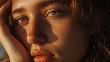 Beauty, portrait and natural face of black woman with healthy freckle skin texture touch. Aesthetic, facial and skincare cosmetic model girl touching cheeks for self love and wellness.の素材