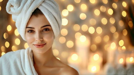 Spa Woman. Beautiful Girl After Bath Touching Her Face. Perfect Skin. Skincare. Young Skinの素材