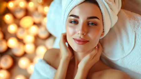 Spa Woman. Beautiful Girl After Bath Touching Her Face. Perfect Skin. Skincare. Young Skinの素材