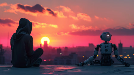 Boy and robot sitting on the roof during sunset.の素材