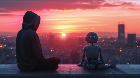 Boy and robot sitting on the roof during sunset.の素材