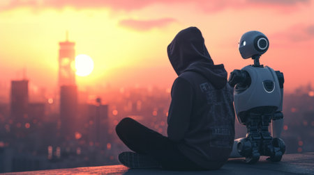 Boy and robot sitting on the roof during sunset.の素材