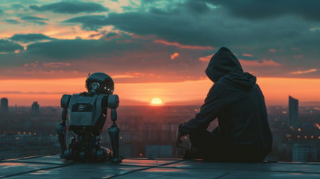 Boy and robot sitting on the roof during sunset.の素材