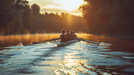 rowers paddling in a beautiful riverの素材