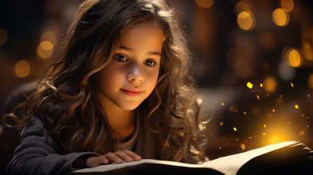 Student little girl reading with a book indoors with lights on backgroundの素材