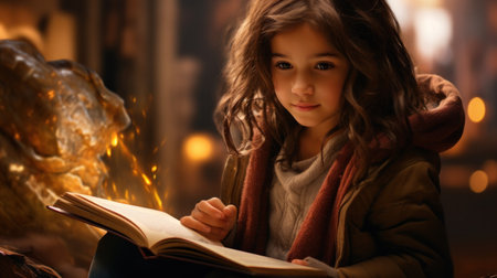 Student little girl reading with a book indoors with lights on backgroundの素材