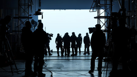 Behind the scenes. Film crew team shooting movie scene on indoor location. Group filmmaking set productionの素材