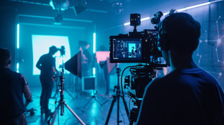Behind the scenes. Film crew team shooting movie scene on indoor location. Group filmmaking set productionの素材