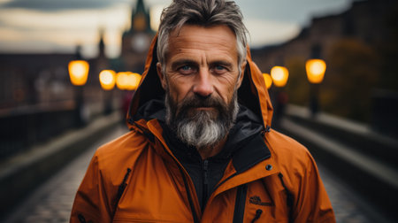 Portrait of a Serious Senior man in hat, vintage style. Evening with Atmospheric Urban Lights in the Background.の素材