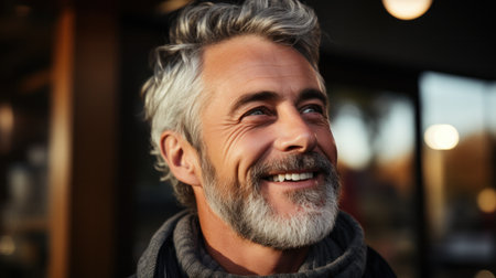 Portrait of handsome senior man in the autumn outdoors. Active senioor enjoying his retirement in the natureの素材