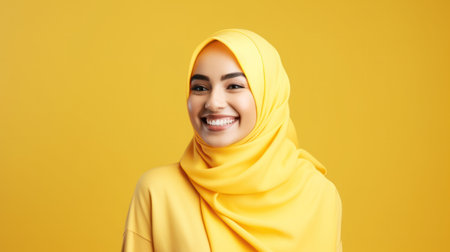 Close-up portrait of attractive cheery modest muslimah wearing yellow hijab isolated over bright yellow color backgroundの素材