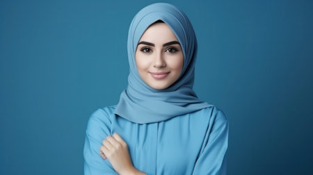 Close-up portrait of attractive cheery modest muslim wearing blue hijab isolated over bright blue color backgroundの素材