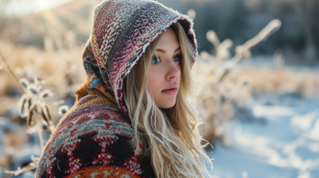 Beautiful woman standing among snowy trees and enjoying first snow. Happy winter time.の素材