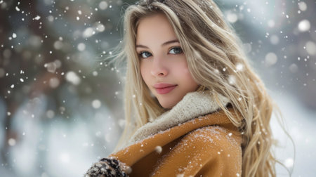 Beautiful woman standing among snowy trees and enjoying first snow. Happy winter time.の素材