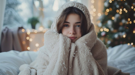 Young woman wearing warm sweater near window at home. Winter seasonの素材