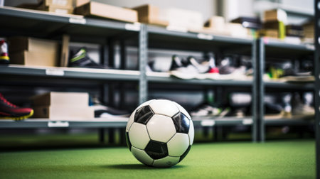 Soccer ball in team Locker room. Part of football stadium interior.の素材