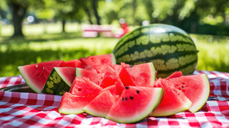 Picnic in nature, watermelon on the tablecloth.の素材