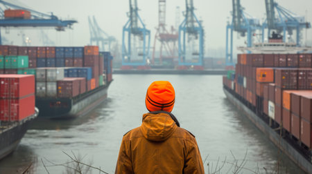 Warehouse worker working in cargo container shipping seaport, import export and logistic concept.の素材