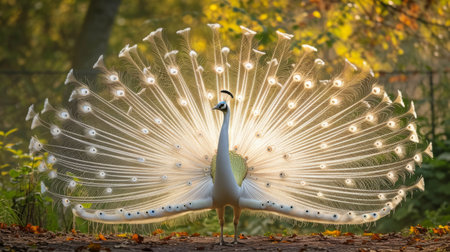 Close-up of beautiful white peacock with feathers out.の素材