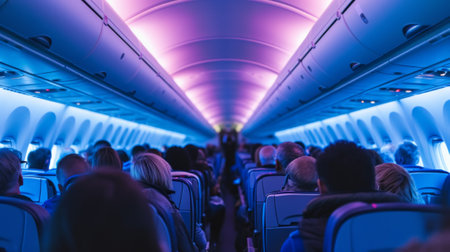 Interior of airplane with passengers on seatsの素材