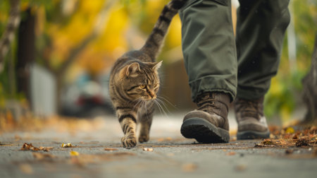 Cat walking outside, collared pet wandering outdoor adventure. Panoramic view of and its owner in summer parkの素材