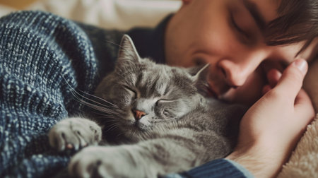 cute cat sleeping on the human.の素材
