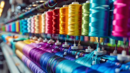 Textile machine with colors threads industrial.の素材