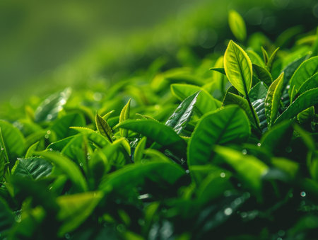 Green tea bud and fresh leaves. Tea plantationsの素材
