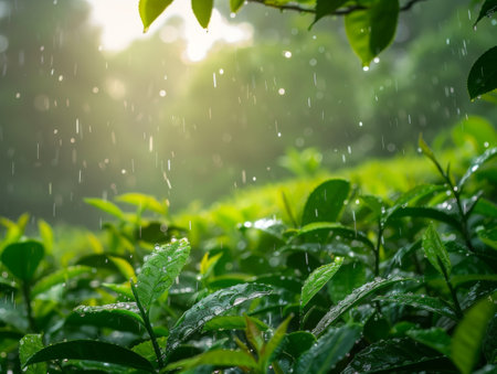 Green tea bud and fresh leaves. Tea plantationsの素材