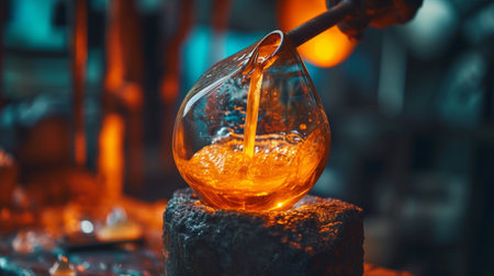 Glass blower forming beautiful piece of glass. A glass crafter is burning and blowing an art piece.の素材
