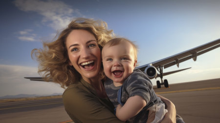 Mom with baby in her arms takes a selfie before flying on vacation.の素材
