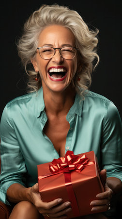 Attractive mature aged aged woman holding presents gift box feels happy studio. Life events celebration congratulation love care conceptの素材