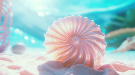 Seashell on the summer beach in sea water. Summer background. Summer timeの素材