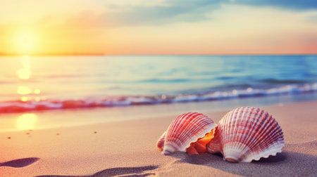 Seashell on the summer beach in sea water. Summer background. Summer timeの素材