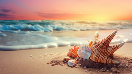 Seashell on the summer beach in sea water. Summer background. Summer timeの素材