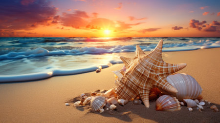 Seashell on the summer beach in sea water. Summer background. Summer timeの素材