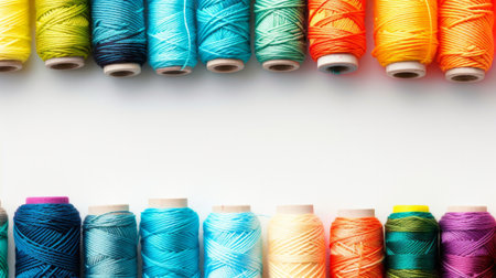 Color sewing threads on white background, top view.の素材