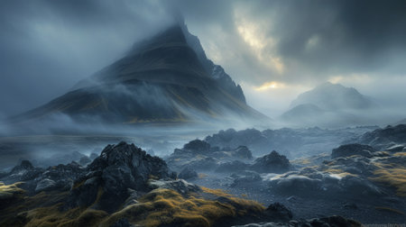 Misty landscape with fir forest in hipster vintage retro style.の素材