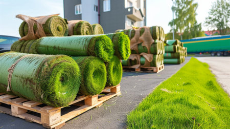 artificial rolled green grass production storage.の素材