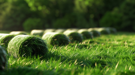 artificial rolled green grass production storage.の素材