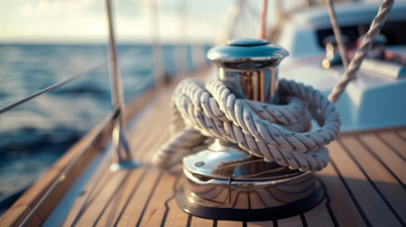 Sailboat winch and rope yacht detail. Yachtingの素材