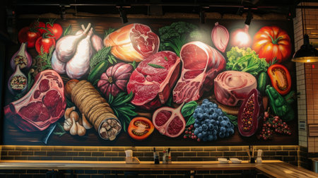 Mural various meats. Wall paint for cafe and restaurant.の素材