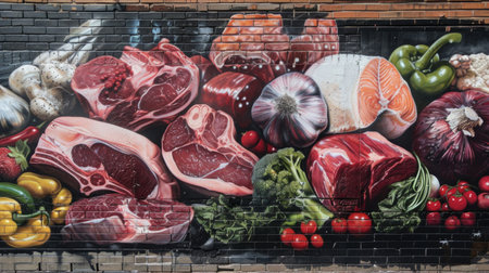 Mural various meats. Wall paint for cafe and restaurant.の素材