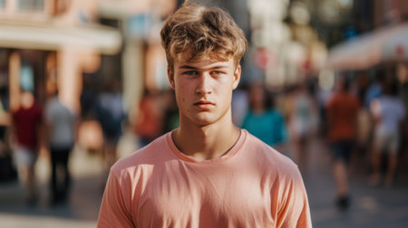 Smiling man standing on a crowded streetの素材